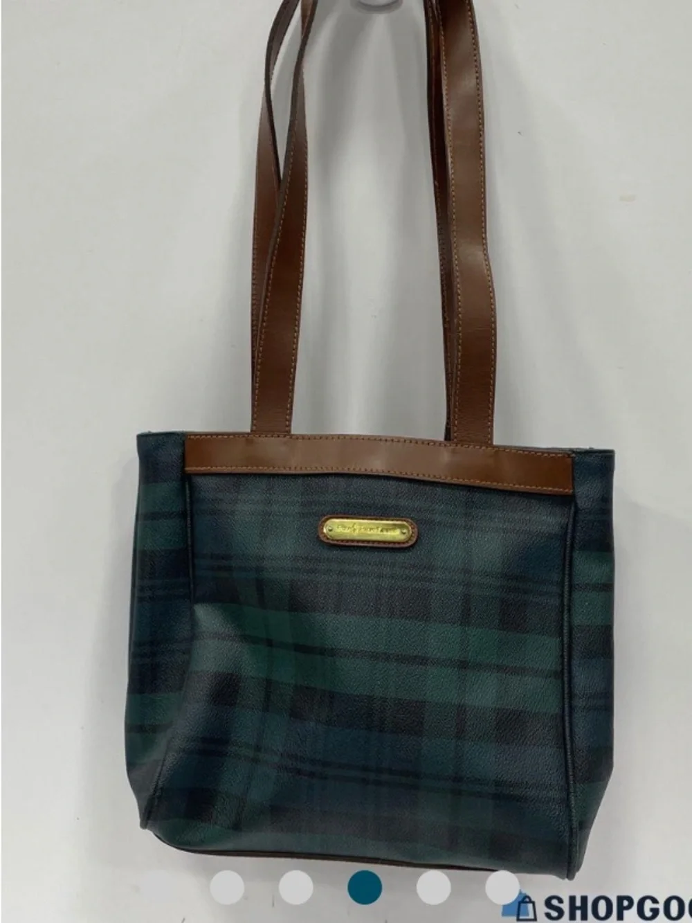 Vintage Polo Ralph Lauren blackwatch tartan navy green Plaid Tote Brown Leather